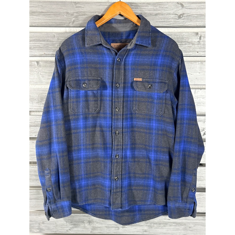 Orvis Mens Blue Gray Plaid Heavy Flannel Button Down Shirt Medium